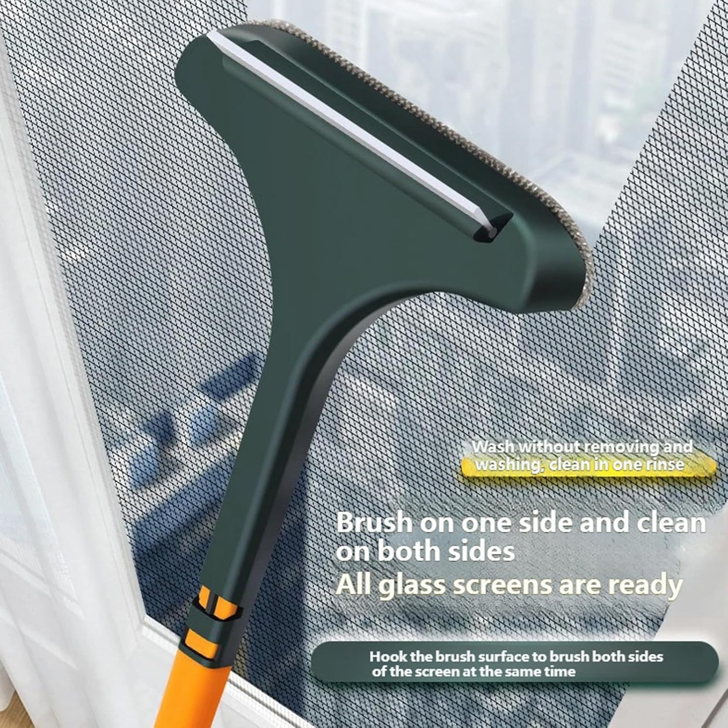 Window Screen Cleaner, 1Pc Double Sided Cleaning Brush, Fast Mesh Net Scraping Mop Washing Tool with Removable 16 Inch Handle for Glass Doors and Cabinets
