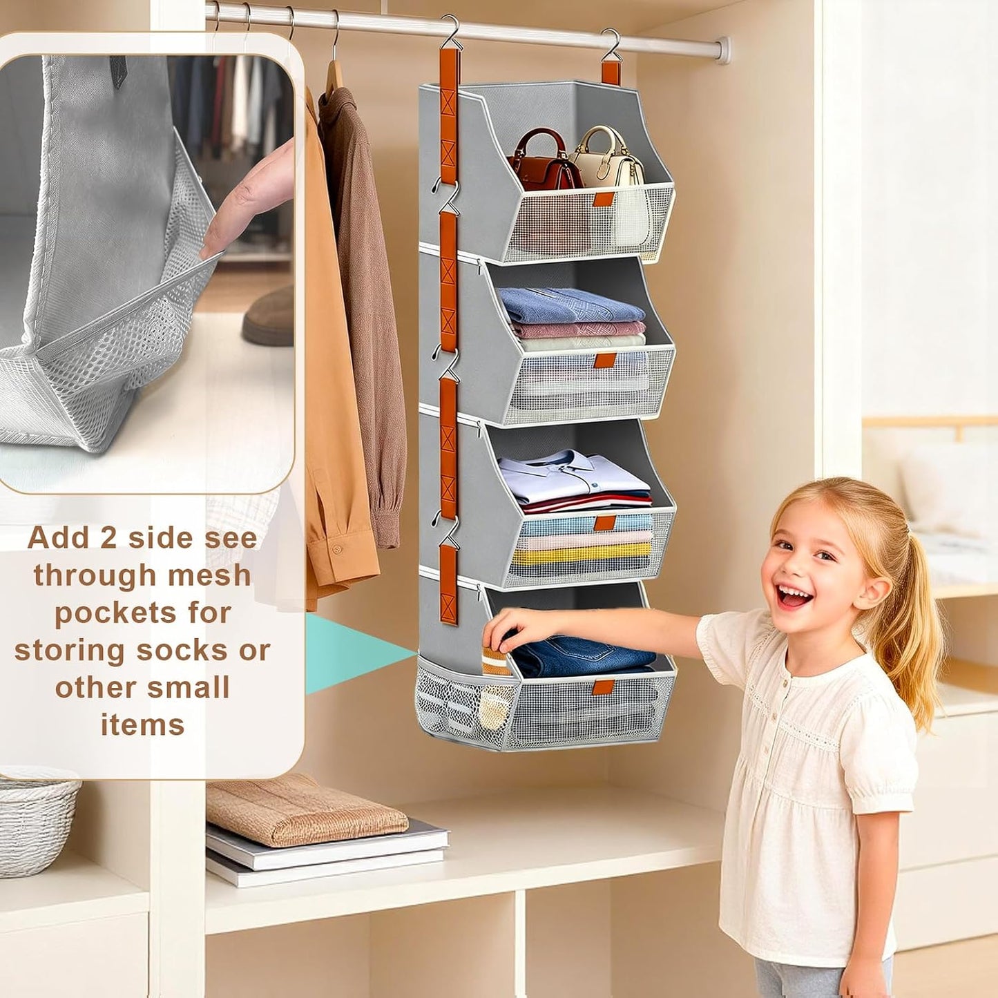 Fabric 4 Tier Hanging Closet Organizers Heavy Duty Shelf Hanging Storage Towel Clothes Sweater Jeans Bag Organizer For Closet For Bedroom,Dorm,RV,See Through Front Panel, Space-Saving (Beige-4Tier)