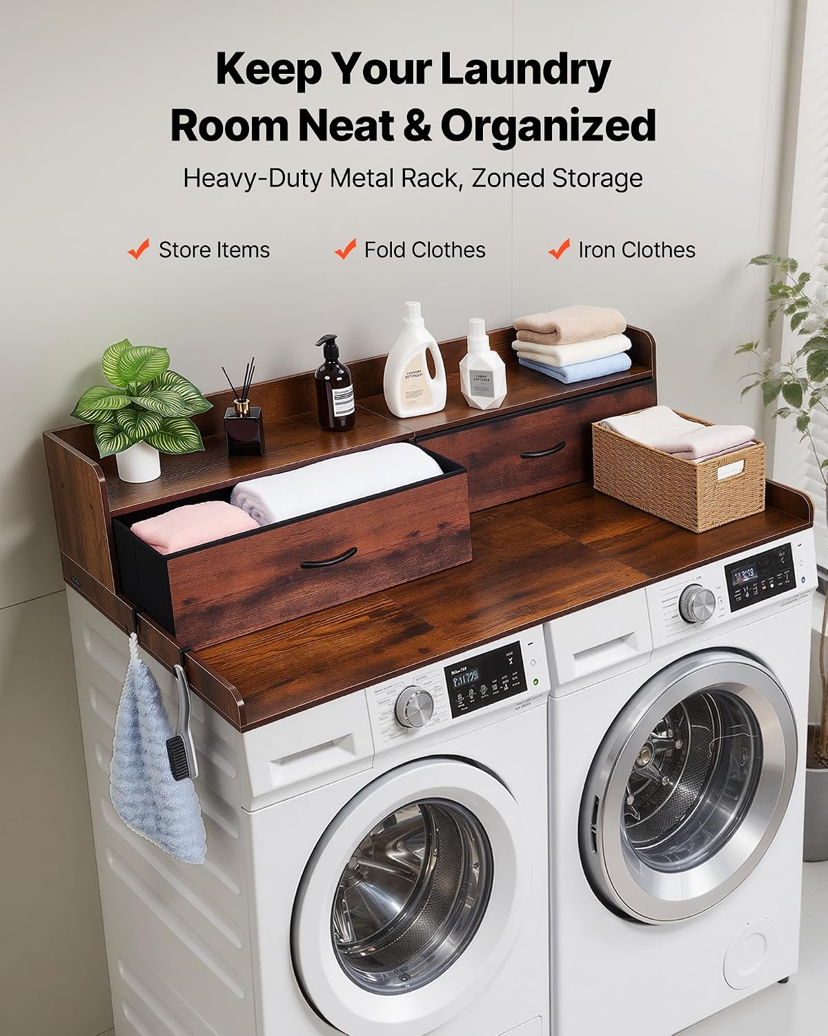 VEVOR Washer Dryer Countertop with 2-Tier Shelf, 54" x 27" Wooden Washer and Dryer Countertop with Anti-Slip Pads, Water-Resistant Laundry Topper Cover for Laundry Room Organization and Storage, Black