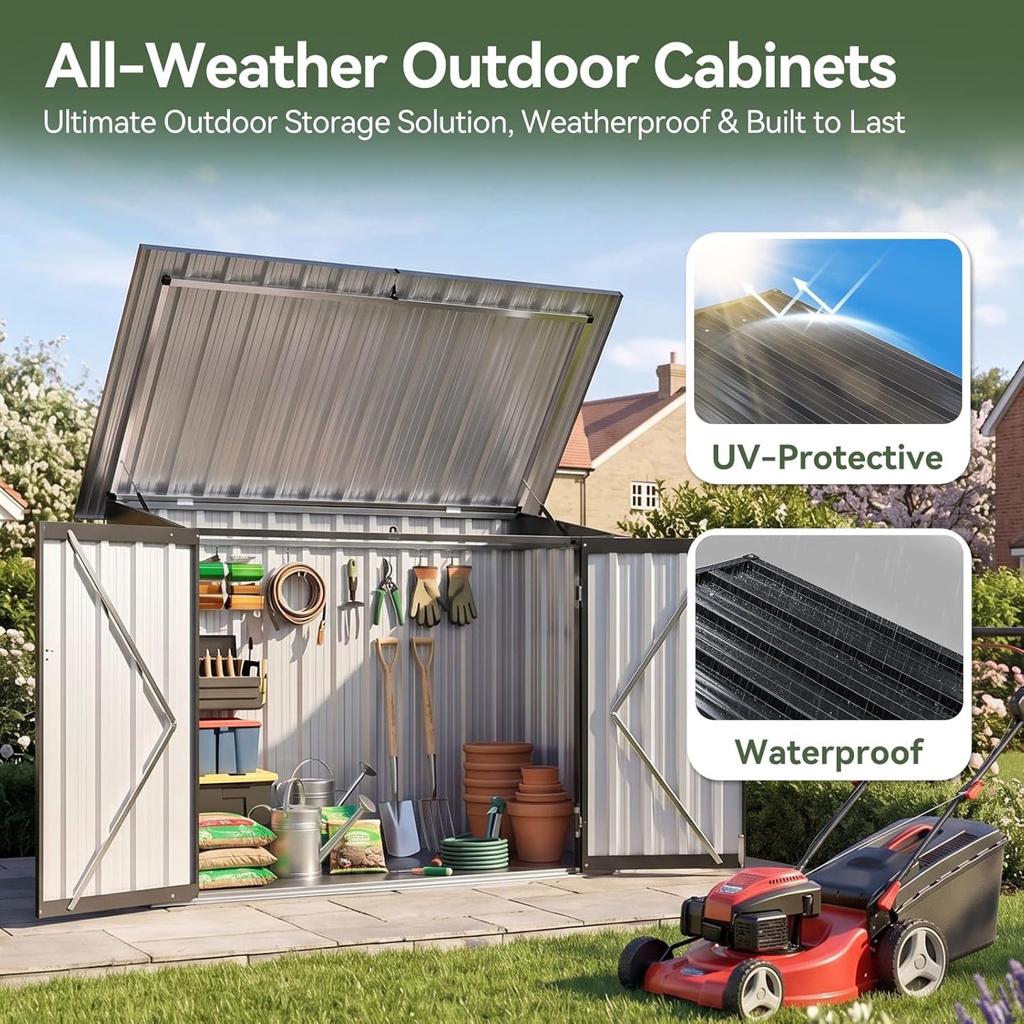 Aoxun Outdoor Storage Cabinet, 35 Cu.Ft Metal Storage Shed with Floor, All-Weather Outdoor Storage Box with Hydraulic Lid, Lockable Doors for Patio Garden Garage, Black