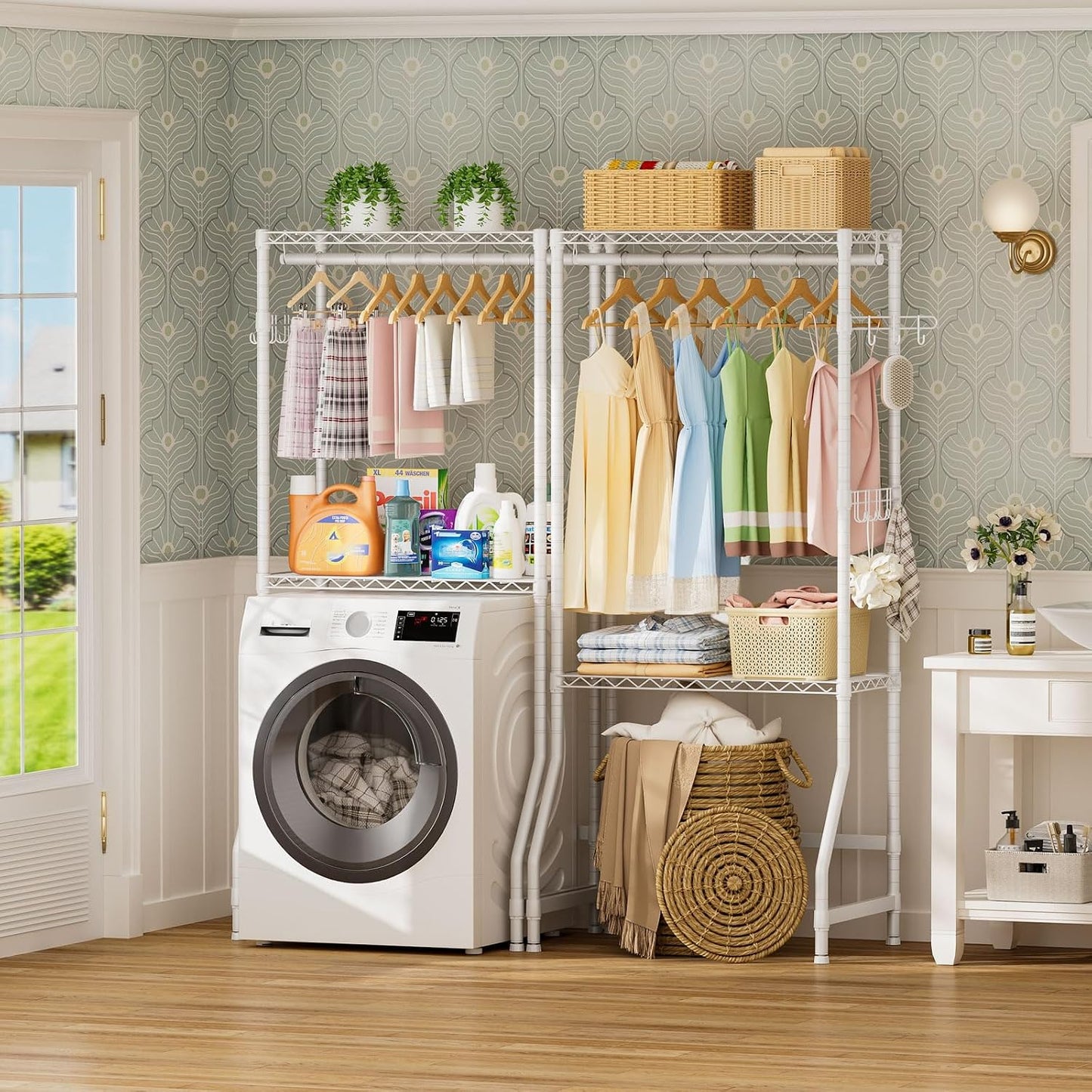 Golpart Over Washer and Dryer Shelves,Heavy Duty Laundry Room Storage Organization Clothes Drying Rack,5 Tier Adjustable Height Wire Shelving and Wire Basket with Hanger Rod&Hook,Space Saving Shelf