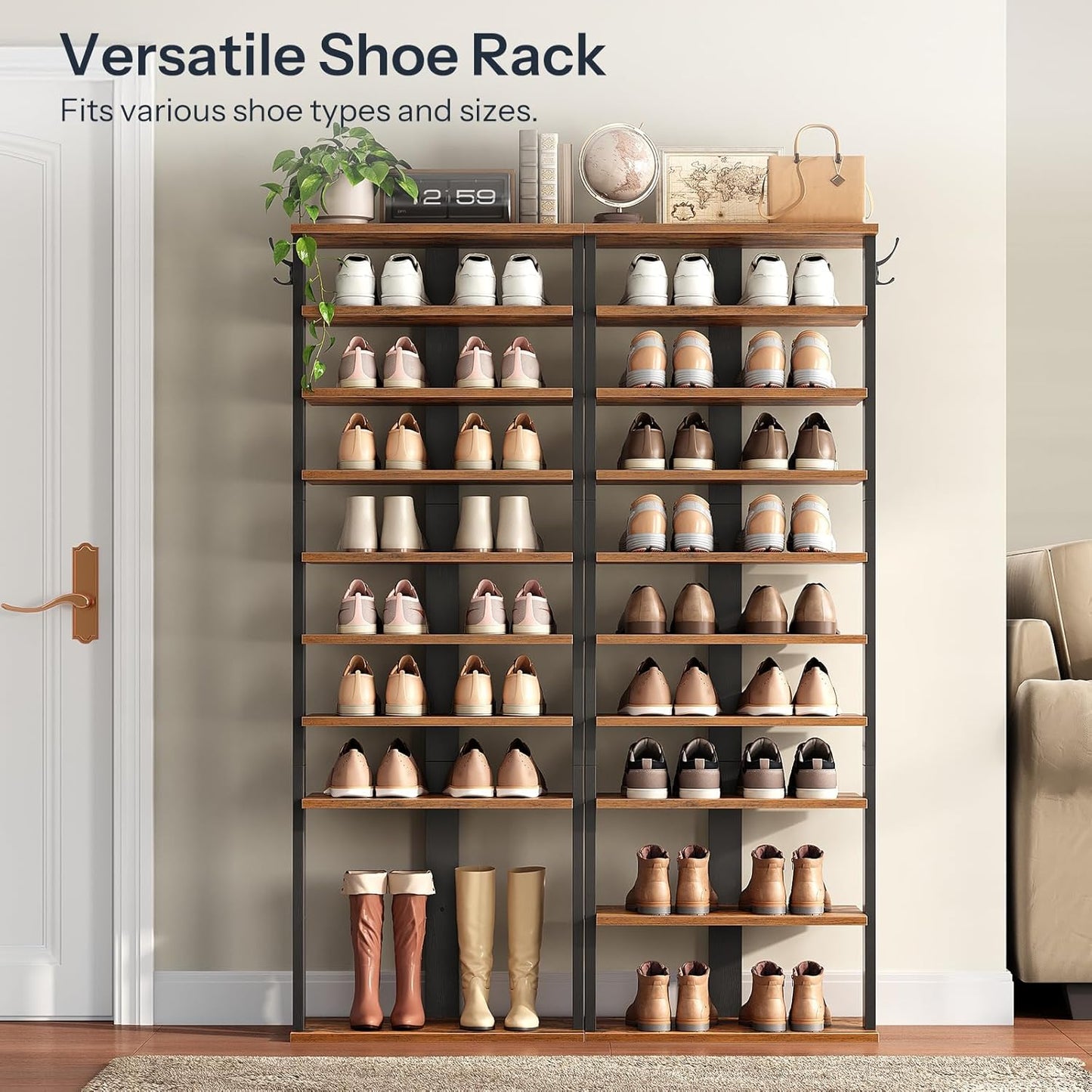 HOOBRO 8 Tiers Vertical Shoe Rack, Wooden Shoe Storage Organizer with Hooks, Narrow Shoe Tower for 8 Pairs, Space Saving, for Entryway, Living Room, Bedroom, Rustic Brown BF07XJ01G1