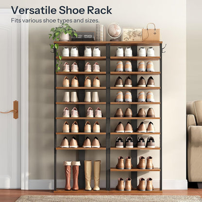 HOOBRO 8 Tiers Vertical Shoe Rack, Wooden Shoe Storage Organizer with Hooks, Narrow Shoe Tower for 8 Pairs, Space Saving, for Entryway, Living Room, Bedroom, Rustic Brown BF07XJ01G1