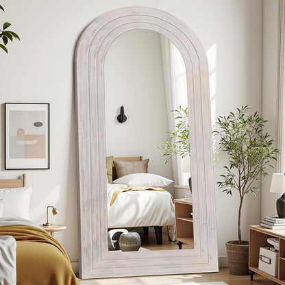Antok Full Length Mirror with Solid Wood Frame, 71"×32" Wall Mounted Oversized Floor Mirror with Stand, Leaning Standing Hanging for Bedroom Living Room Entryway, Walnut, Arched Syle
