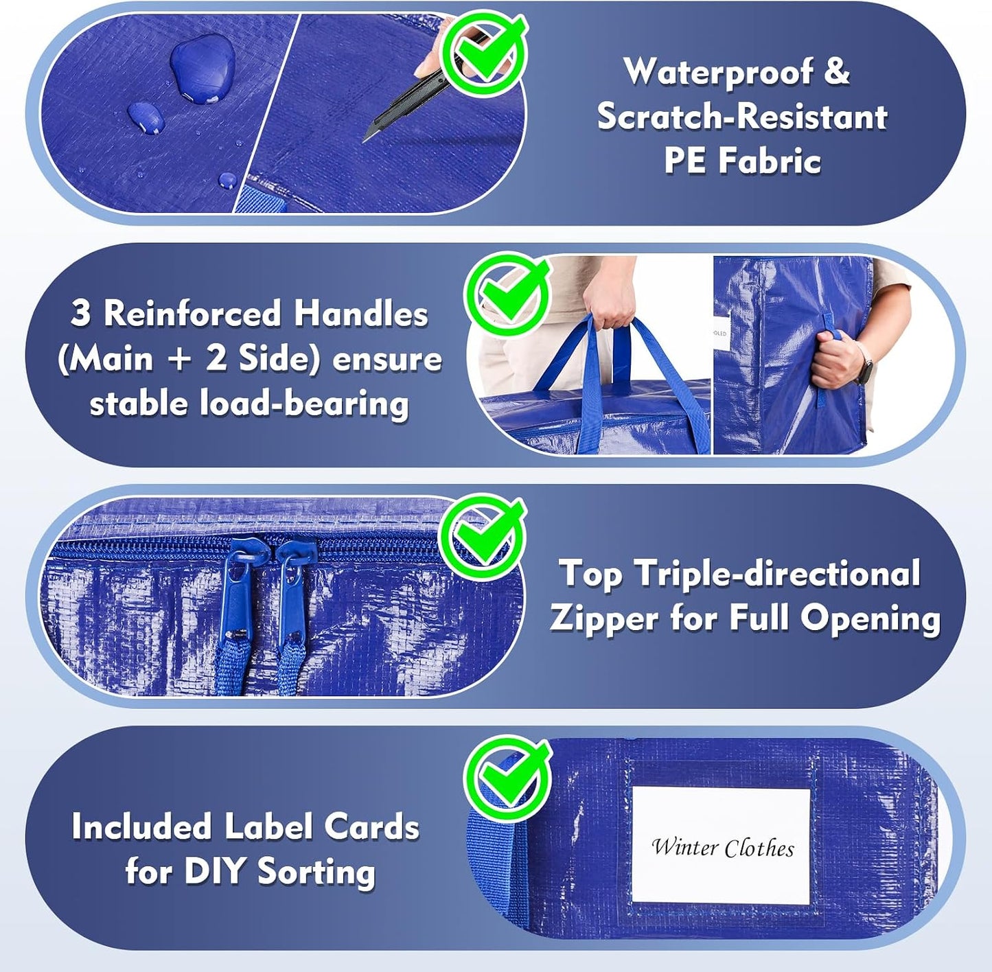 KYODOLED 10-Pack Clear Moving Bags Heavy Duty Extra Large, Storage Totes with Reinforced Handles, Zippers & Label Pocket, Transparent Packing Containers for College Dorm, Clothes, Bedding, Toys