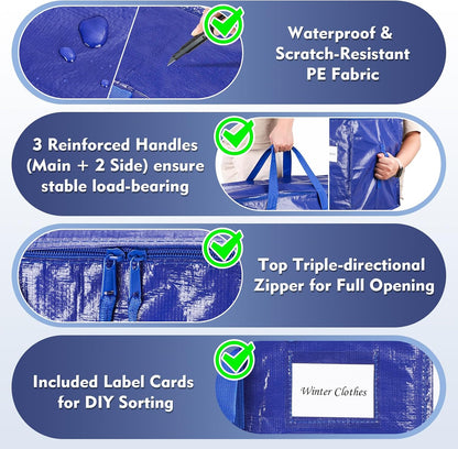 KYODOLED 10-Pack Clear Moving Bags Heavy Duty Extra Large, Storage Totes with Reinforced Handles, Zippers & Label Pocket, Transparent Packing Containers for College Dorm, Clothes, Bedding, Toys