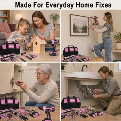 Bielmeier 20V 236Pcs Cordless Pink Drill Set for Women, Lady’s Essential Home Tool Kit with Pink Bag, Perfect DIY Electric Screwdriver Set for Home Repair & Gifts