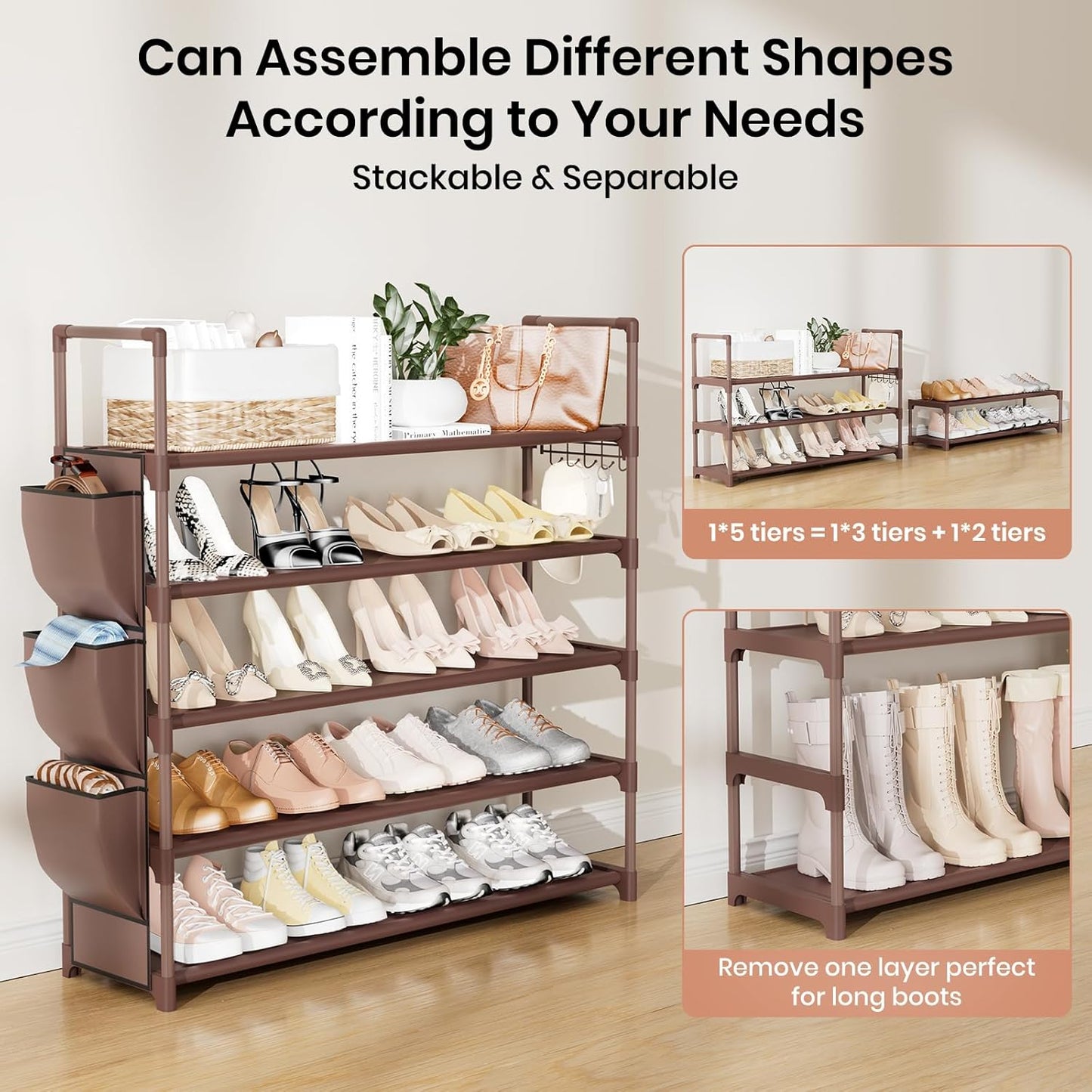 VILICK 5 Tier Shoe Rack with Hook and Side Pocket,Shoe Organizer Space Saver Storage for 20-25 Pair Shoe Storage Shelf Sturdy Free Standing Long Shoe Rack Organizer for Closet,Entryway,Small Spaces