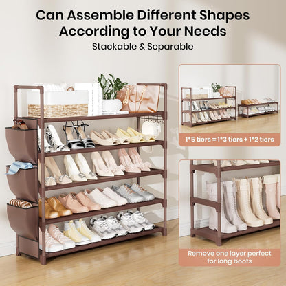 VILICK 5 Tier Shoe Rack with Hook and Side Pocket,Shoe Organizer Space Saver Storage for 20-25 Pair Shoe Storage Shelf Sturdy Free Standing Long Shoe Rack Organizer for Closet,Entryway,Small Spaces
