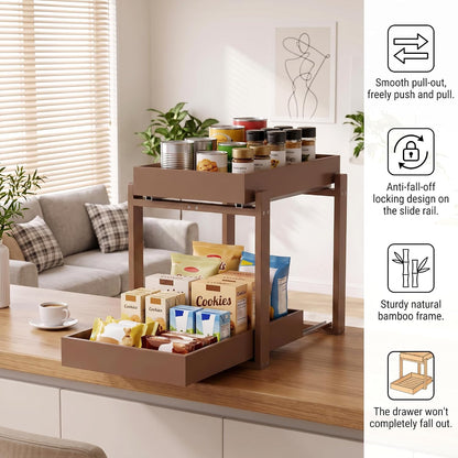 Bamboo Under Sink Organizer and Storage, 2 Pack Pull Out Cabinet Organization, 2 Tier Vertical Slide Out Undersink Storage Shelf, Multi-Purpose Organizer Shelves for Kitchen Bathroom Medicine