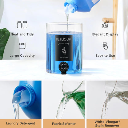 Glass Laundry Detergent Dispenser with Shelf & Bamboo Lid - 120 Oz Liquid Detergent, Laundry Soap & Fabric Softener Dispenser for Laundry Room Organization and Storage with 2 Cups & 8 Labels