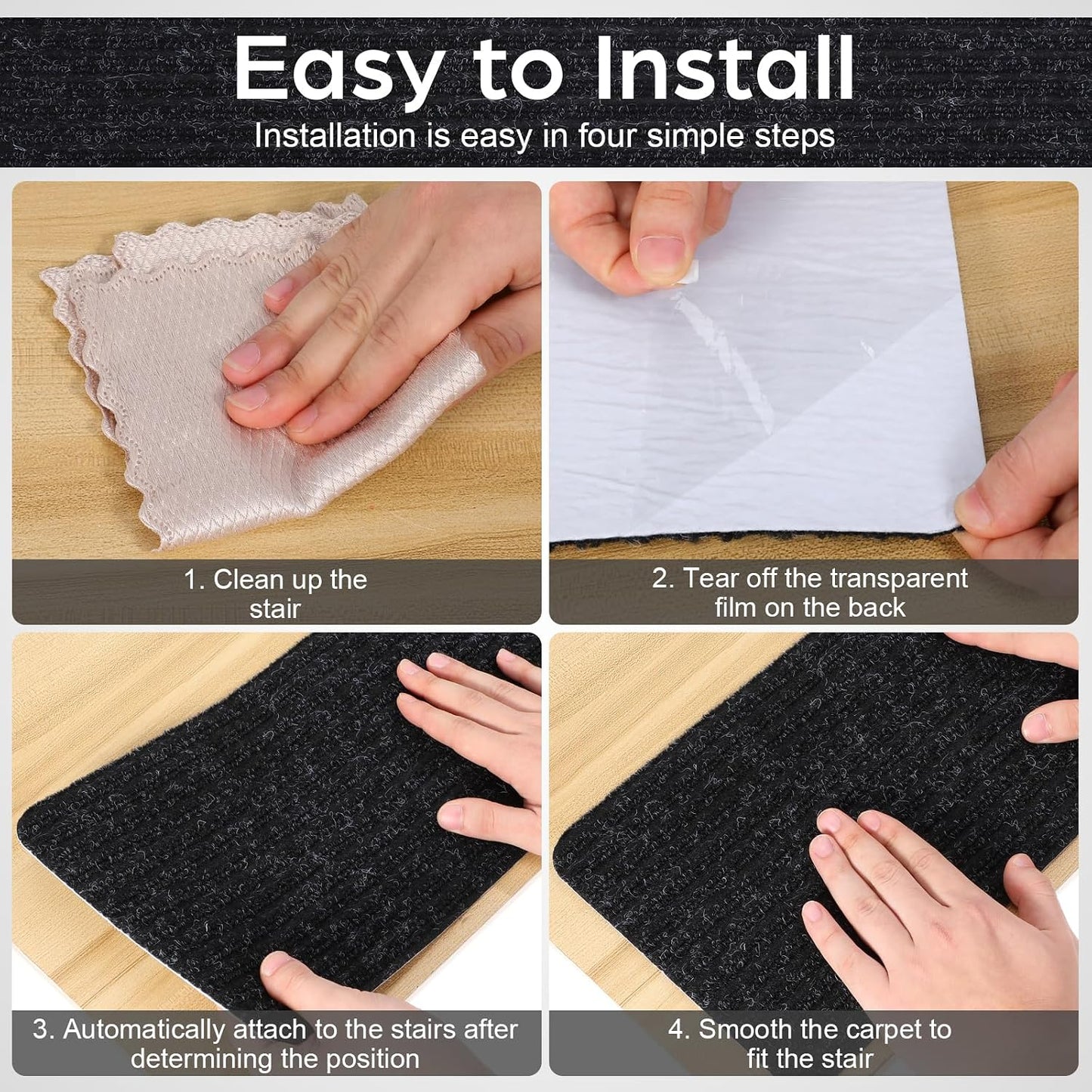 Homoyoyo 2Pcs Garage Stair Treads: Stair Treads Collection Indoor Skid Slip Resistant Skid Resistant Carpet Glue-Free Self-Adhesive Anti-Slip Mats Double Stripes for Repeated Use (Black,29X8X0.2inch)