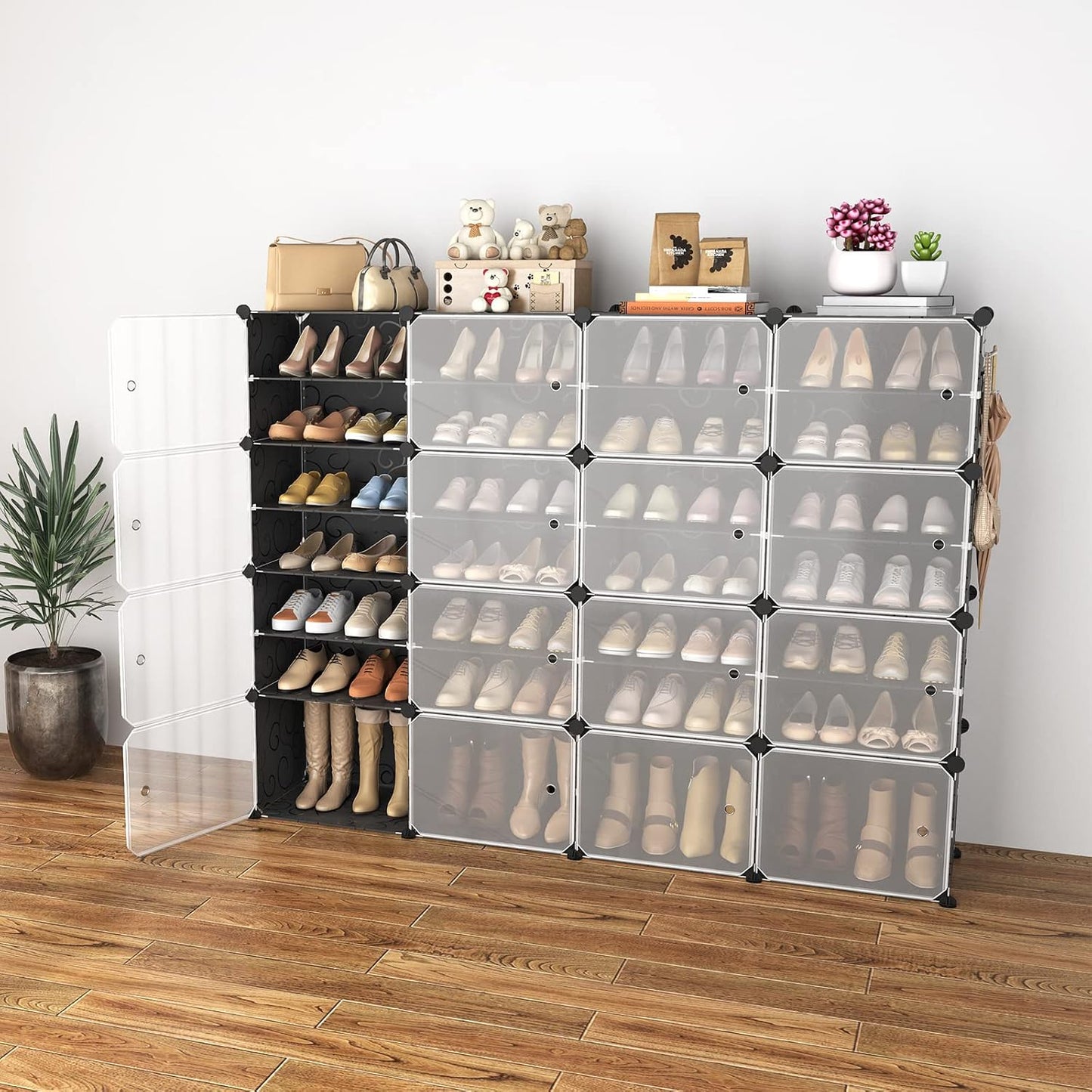 Portable Shoe Rack Organizer with Door, 96 Pairs Shoe Storage Cabinet Easy Assembly, Plastic Adjustable Shoe Storage Organizer Stackable Detachable Free Standing DIY Expandable 12 Tier Black