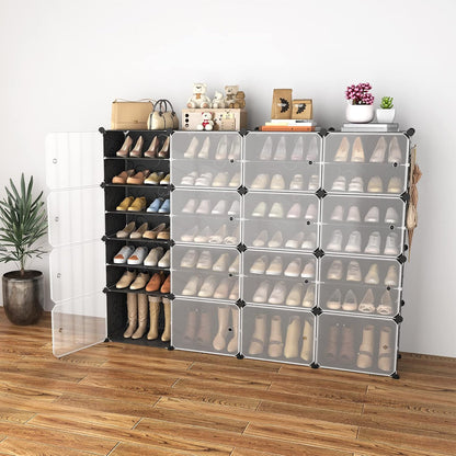 Portable Shoe Rack Organizer with Door, 96 Pairs Shoe Storage Cabinet Easy Assembly, Plastic Adjustable Shoe Storage Organizer Stackable Detachable Free Standing DIY Expandable 12 Tier Black