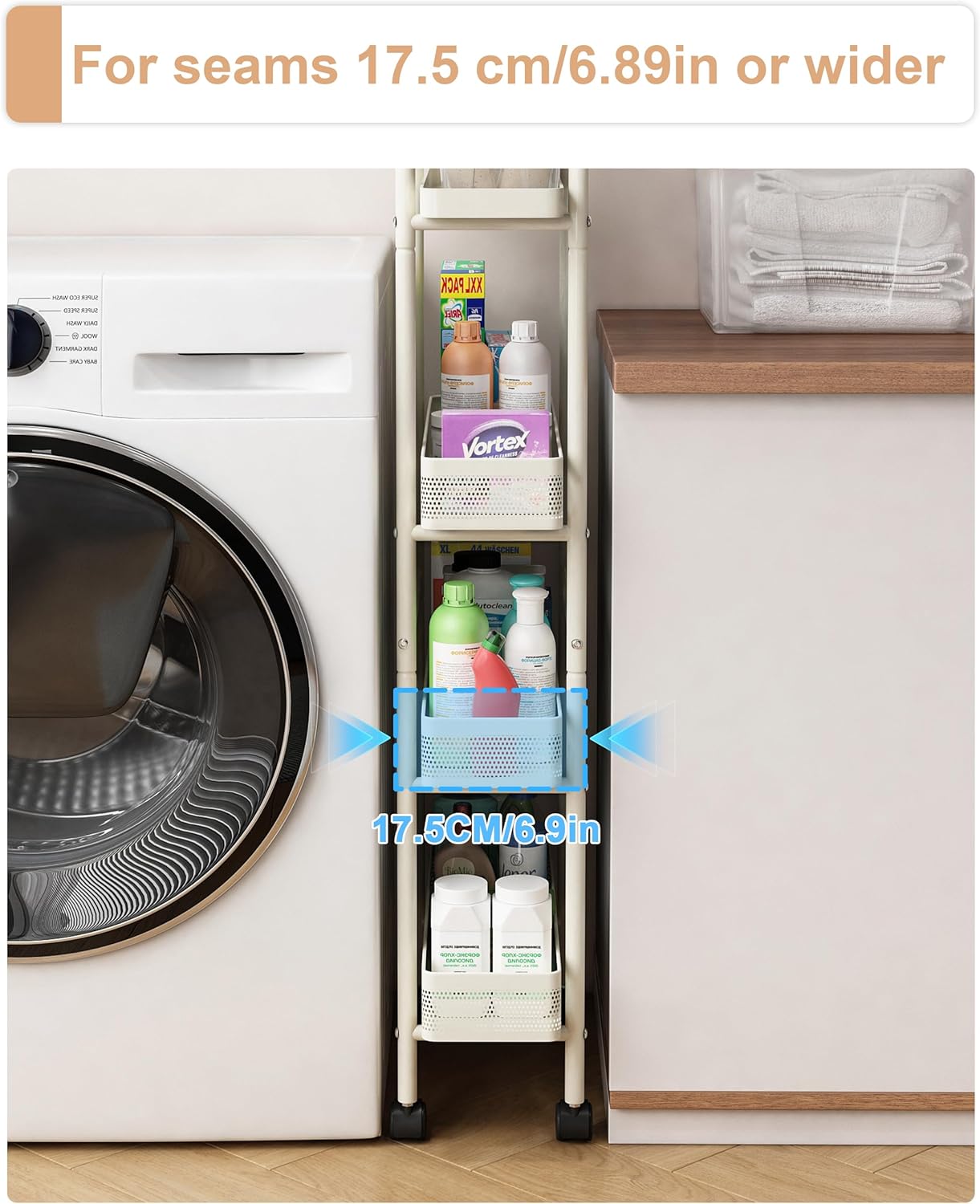 UMDONX Slim Storage Cart 5 Tier with Pull Out Basket Bathroom Organizer Rolling cart, Rolling Utility Cart Slide Out Organizer for Kitchen, Bathroom, Laundry Black