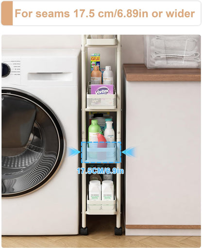 UMDONX Slim Storage Cart 5 Tier with Pull Out Basket Bathroom Organizer Rolling cart, Rolling Utility Cart Slide Out Organizer for Kitchen, Bathroom, Laundry Black