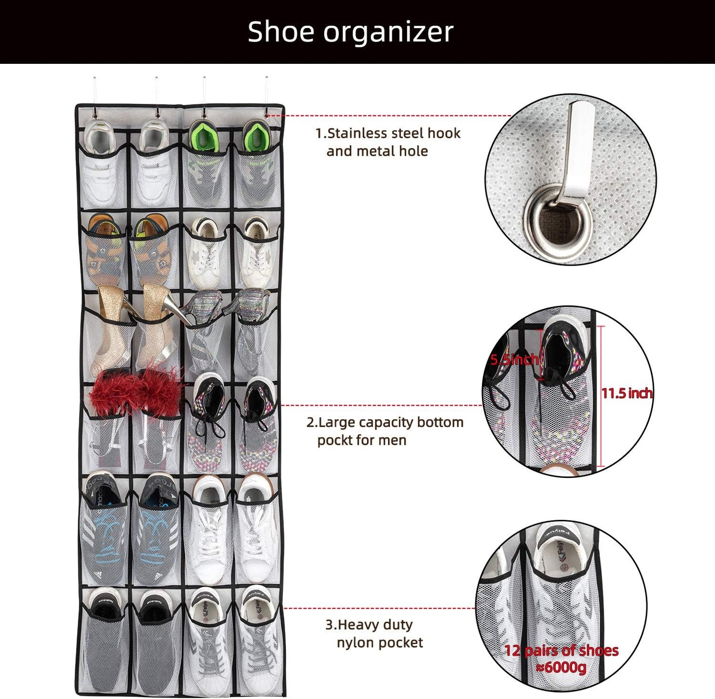 SAVERHO Over the Door Shoe Organizer, Hanging Shoe Organizer with 24 Mesh Large Pockets Door Shoe Rack Organizer for Men Women Kids Hanging Shoe Storage Bag.(White