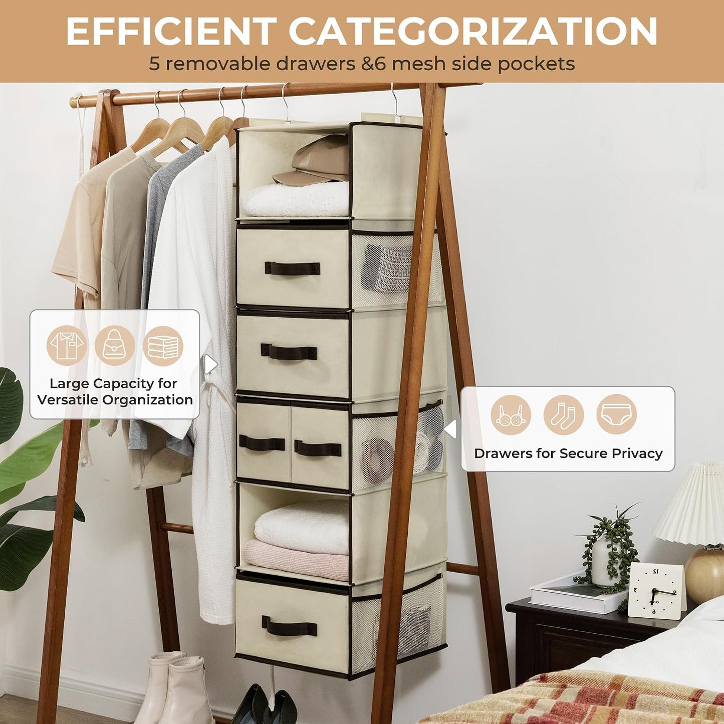 GRANNY SAYS Hanging Closet Organizer 6 Shelves, Closet Organizers and Storage with 5 Drawers, 6 Side Pockets Closet Hanging Organizer, Hanging Storage Organizer for Closet, Baby Clothes, Gray