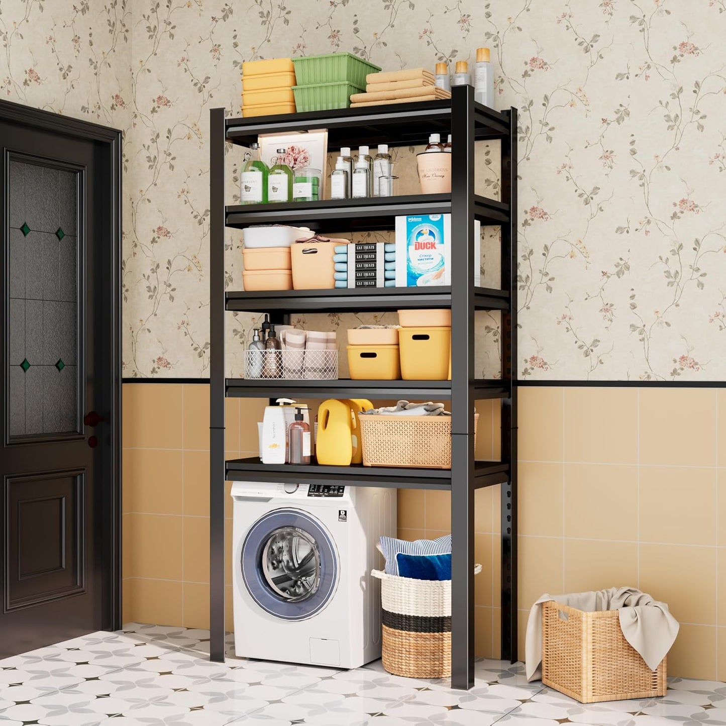 Over Washer and Dryer Shelves, Laundry Room Shelves Adjustable Metal Heavy Duty Freestanding Storage Shelves, Washing Machine Rack for Organization and Storage, Black (Black, 63''H*35.43''W*11.81''D)