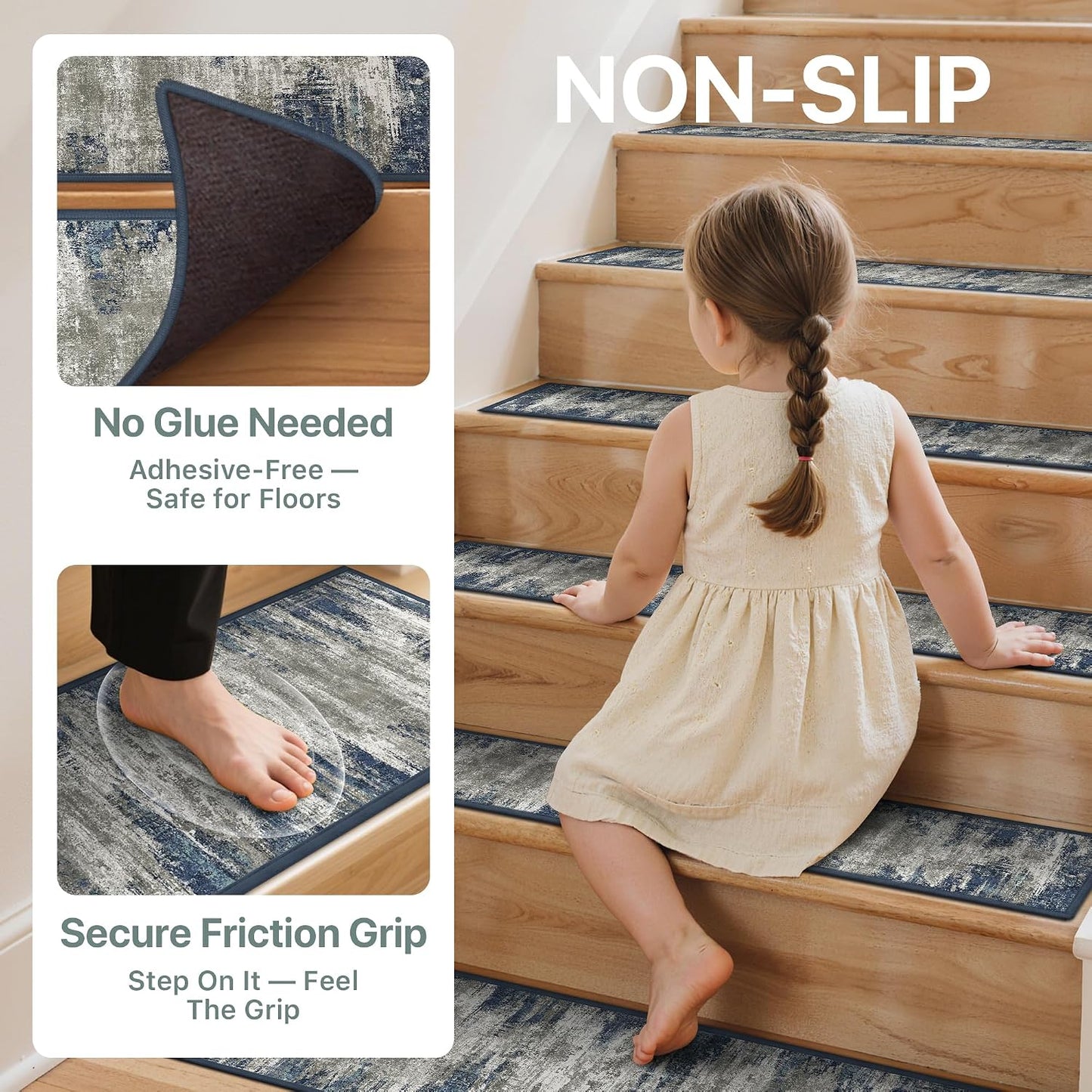 sarben Non Slip Stair Treads for Wooden Steps 15PCS - 8"x30" Indoor Safety Carpet, Edging Mats with TPE Adhesive Backing, Pet and Elderly Friendly Stair Rugs (Taupe) - Colors B