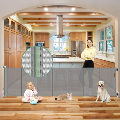 Reinforced 55" Wide Retractable Baby Gates with Reinforced Strips, Indoor/Outdoor Retractable Dog Gate for Doorway Prevent Bottom Drilling Through, No Bottom Bar Safety Mesh Baby Gate for Stair, Black