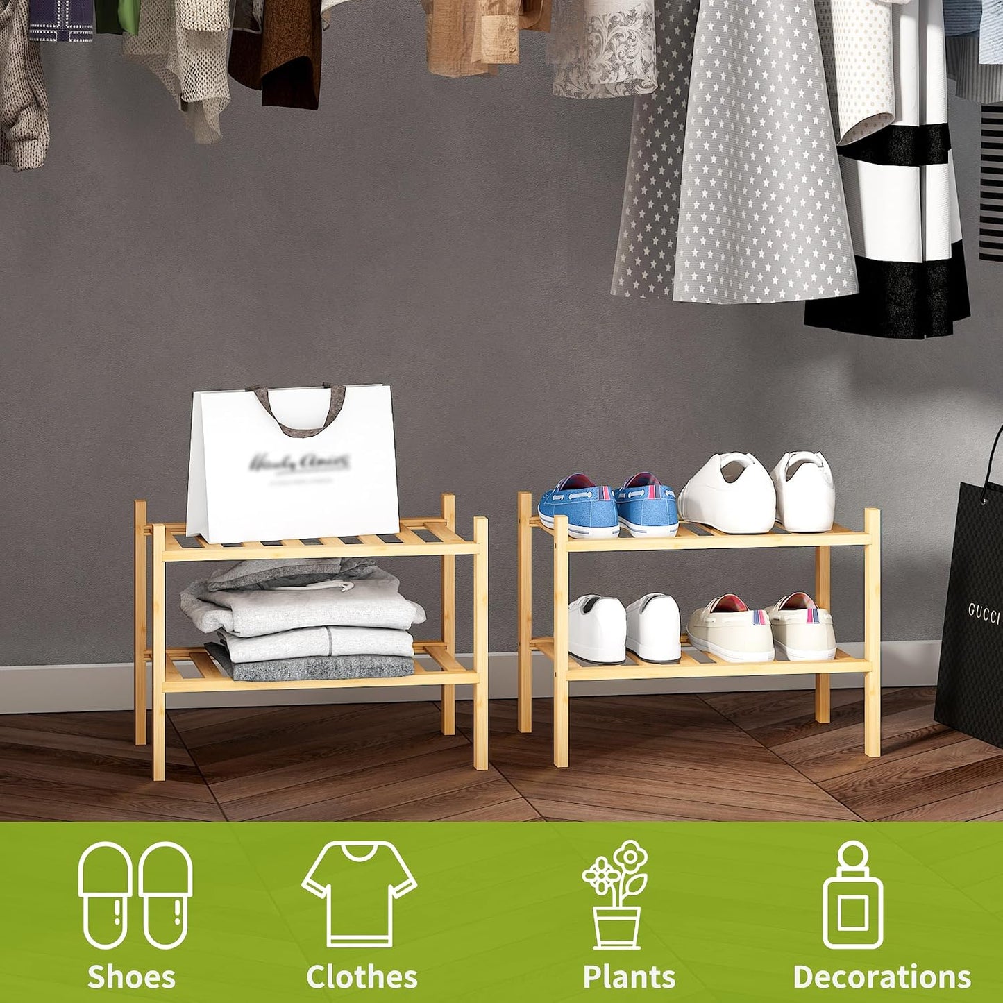 BMOSU 2-Tier Bamboo Small Shoe Rack Premium Stackable Shoe Shelf Storage Organizer for Hallway Closet Living Room Entryway Organizer (Black Bamboo)