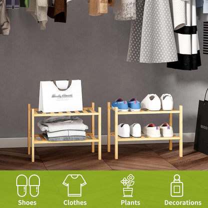 BMOSU 2-Tier Bamboo Small Shoe Rack Premium Stackable Shoe Shelf Storage Organizer for Hallway Closet Living Room Entryway Organizer (Black Bamboo)