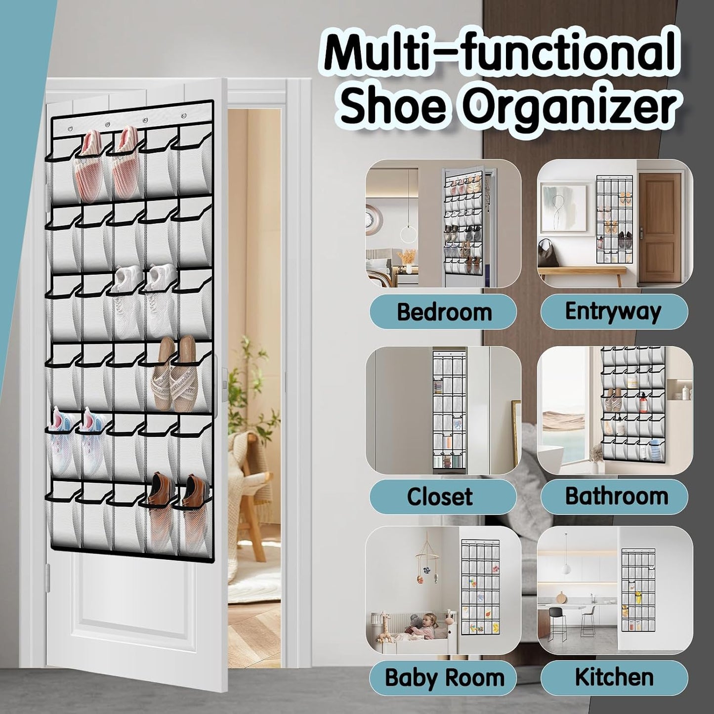 Kotkn Over the Door Shoe Organizer with 30 Breathable Mesh Pockets - Large Capacity Closet Storage for Men & Women, Hanging Shoe Rack Organizer (Gray)