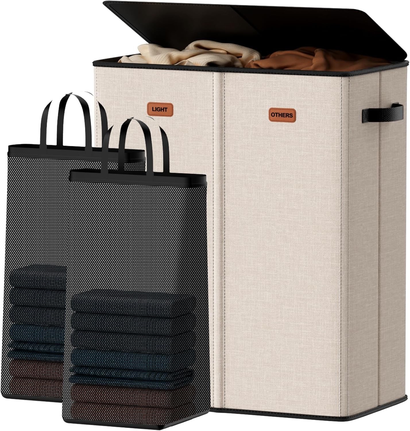 185L Laundry Hamper 3 Section, Laundry Hamper with Lid, Dirty Clothes Hamper with 3 Removable Washing Bags, Extra Large Laundry Basket Organizer for Bedroom, Laundry Room, Dorm - Black