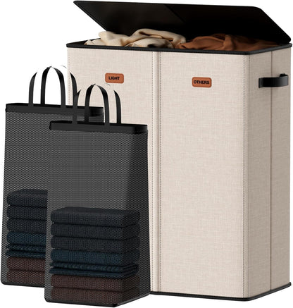 185L Laundry Hamper 3 Section, Laundry Hamper with Lid, Dirty Clothes Hamper with 3 Removable Washing Bags, Extra Large Laundry Basket Organizer for Bedroom, Laundry Room, Dorm - Black