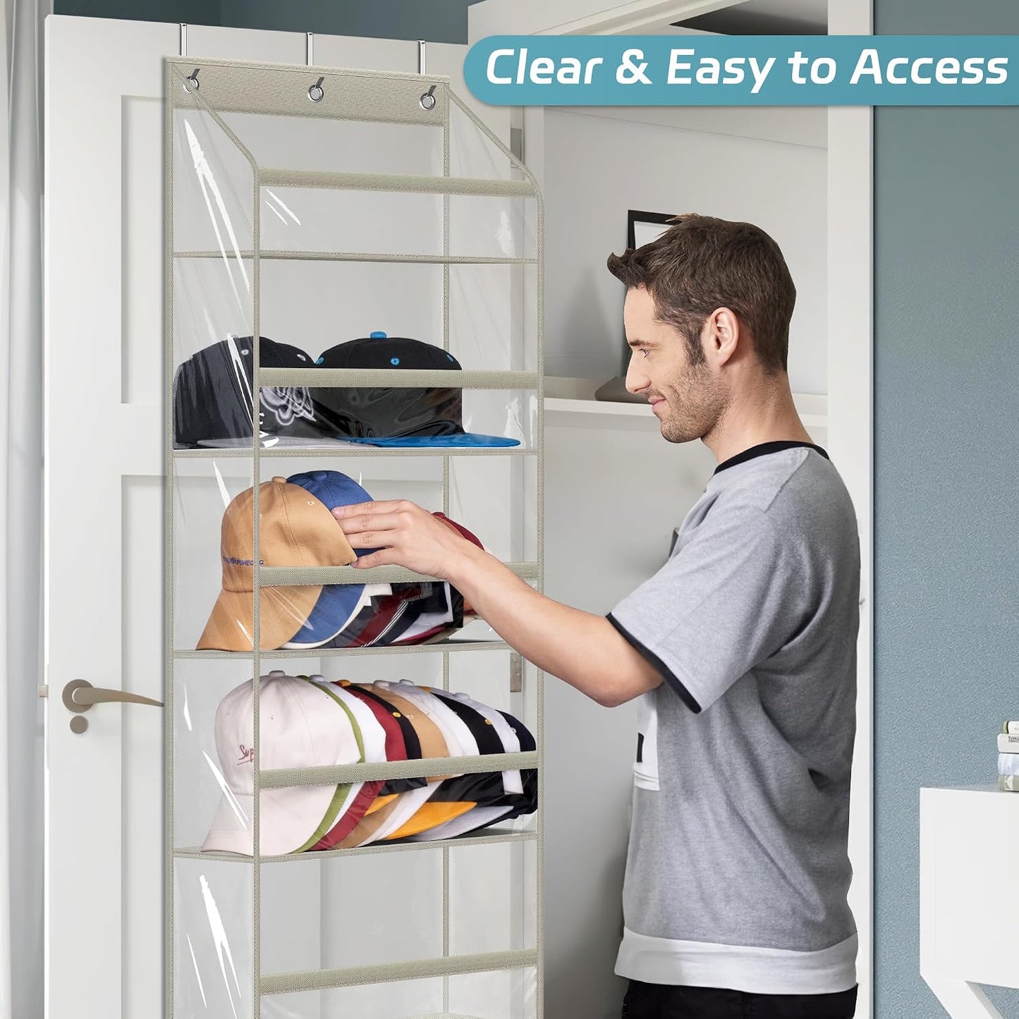 AOODA Clear Over the Door Hat Racks for Baseball Caps, Large Holds up to 72 Caps Hat Storage Organizer for Closet Wall, Deep Pockets Hanging Snapback Holder Shelves with 3 Hooks, White