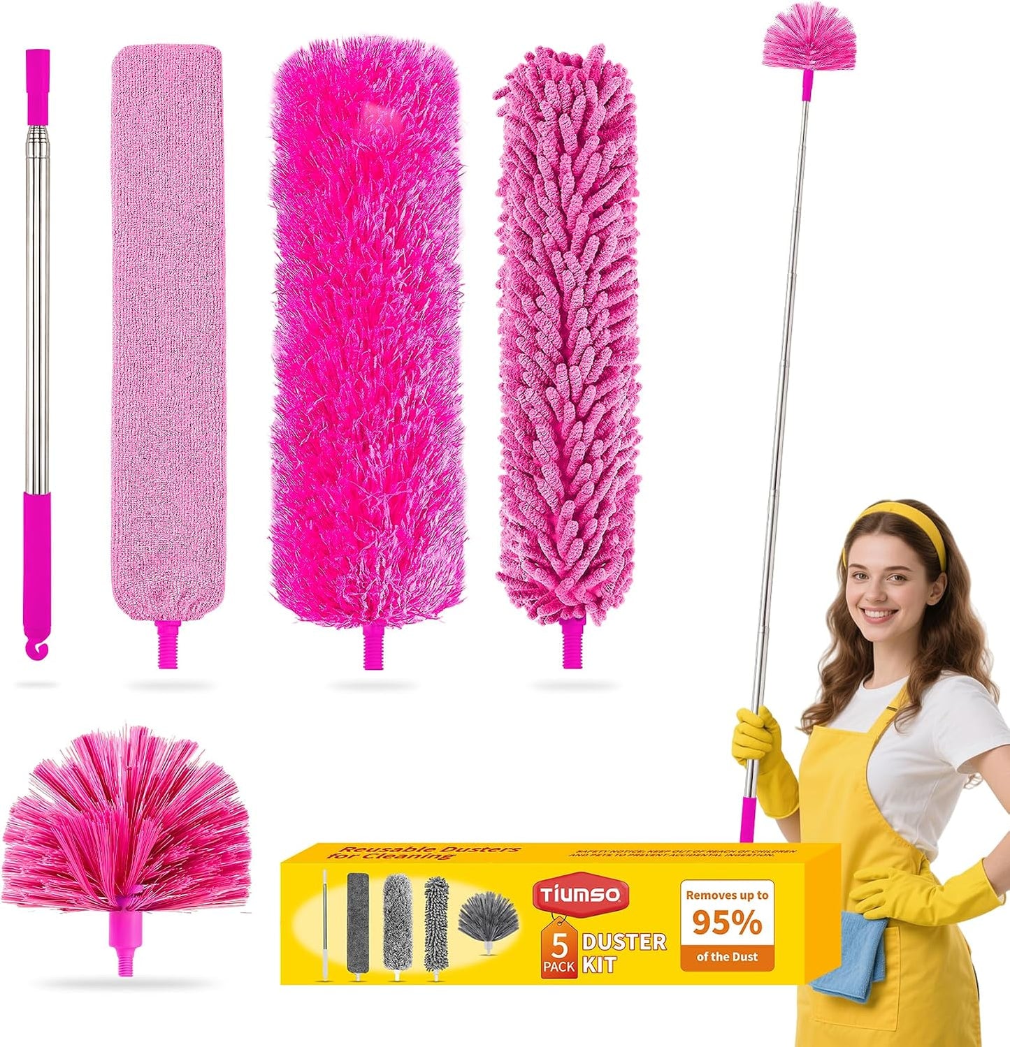 Tiumso Dusters for Cleaning,Microfiber Feather Duster 5-in-1 Kit, Duster with Extension Pole 100 Inches, Cobweb Duster, Microfiber Dusters for High Ceilings and Fans, Blinds and Cars