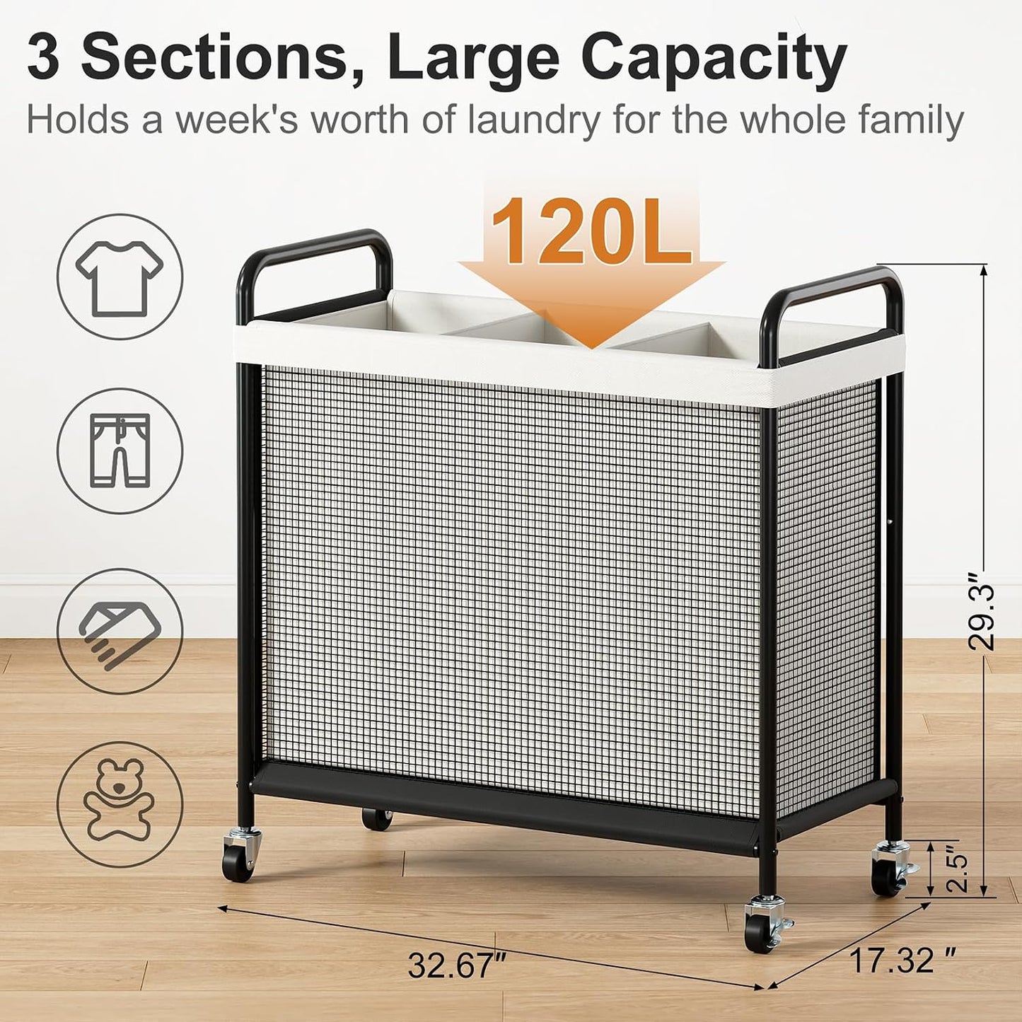 WOWLIVE Laundry Hamper 3 Section, 120L Rolling Laundry Basket with wheels and Removable Liner Bag, Laundry Sorter with Metal Handle, Large Clothes Hamper for Laundry Room, Bathroom and Dorm, Beige