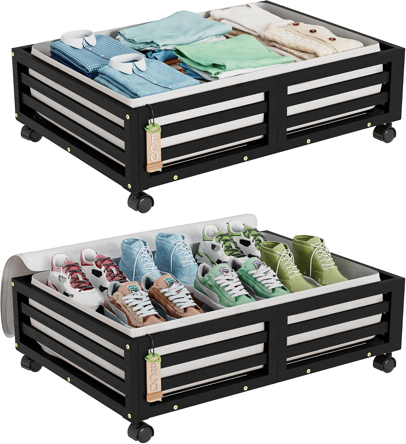 Wisuce 2 Packs Bamboo Under Bed Storage Organizer with Wheels White Small | 360° Lockable Wheels,120lbs Load Capacity, Multi-scene ,Dustproof Clear Storage Bag, Large Capacity,Easy Quick Assembly