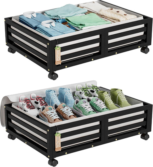 Wisuce 2 Packs Bamboo Under Bed Storage Organizer with Wheels White Small | 360° Lockable Wheels,120lbs Load Capacity, Multi-scene ,Dustproof Clear Storage Bag, Large Capacity,Easy Quick Assembly