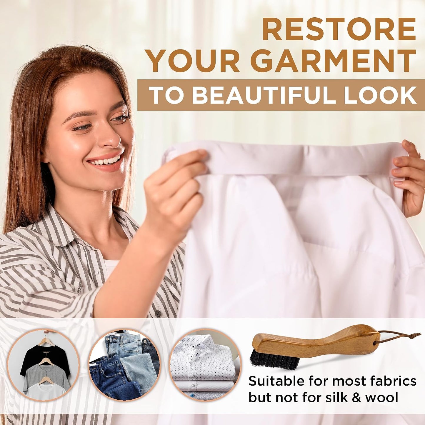 TAKAVU Laundry Stain Brush, Natural Black Boar Bristle, Safe on Delicates | Clothes Cleaning Scrubber, Stain Remover for Shirts, Collars, Cuffs & Shoes, Curved Beech Wood Handle with Hanging Loop