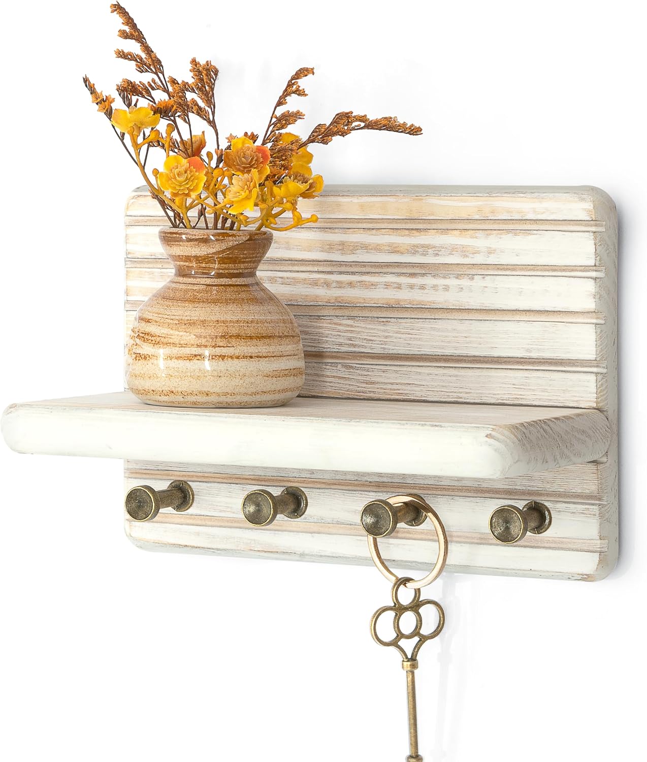 Rebee Vision Farmhouse Key Holder Wall Mount for Home Decor – Decorative Pine Wooden Key Holder for Wall with 6 Hooks & Floating Shelf - Rustic Charm for Room Decor Aesthetic (Brown)