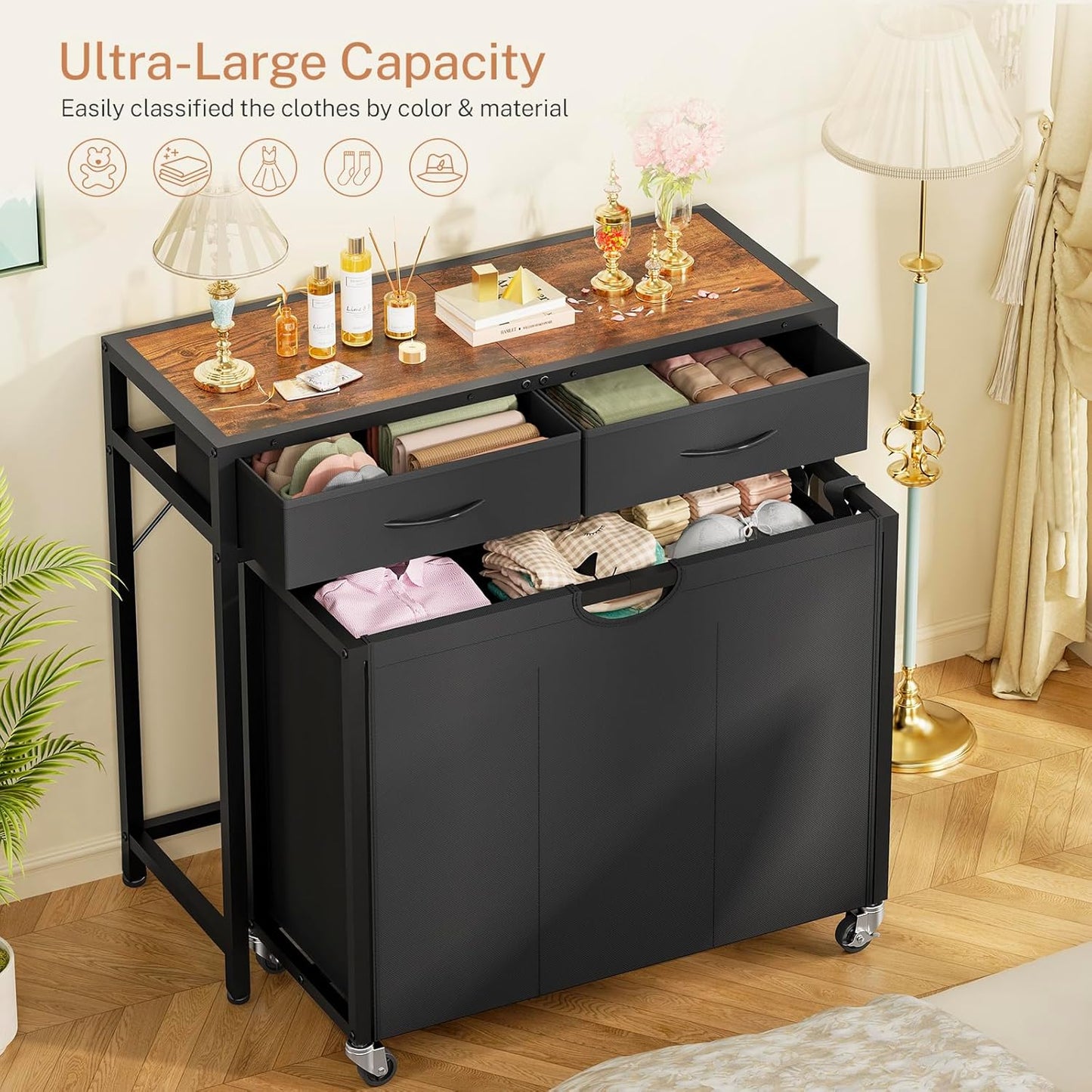 Laundry Sorter 3 Section, 120 L Laundry Hamper with 2 Drawers & 2-tone Top Panel, Rolling Laundry Basket Organizer with Pull-Out Removable Oxford Fabric Bags for Laundry Room Organization UNZYL006BVV3