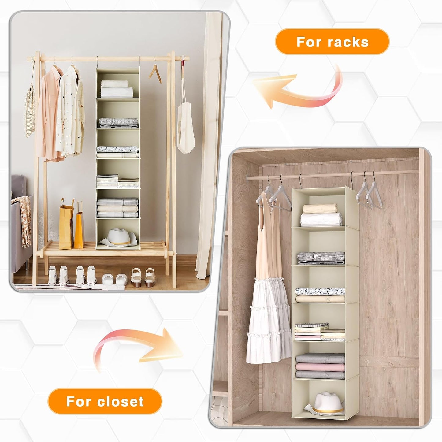 Hanging Closet Organizer 3-Shelf, Oxford Fabric Wardrobe Storage, Gray | Easy-mount foldable design holds clothes, handbags, shoes & accessories; washable Oxford fabric, sturdy and space-saving.