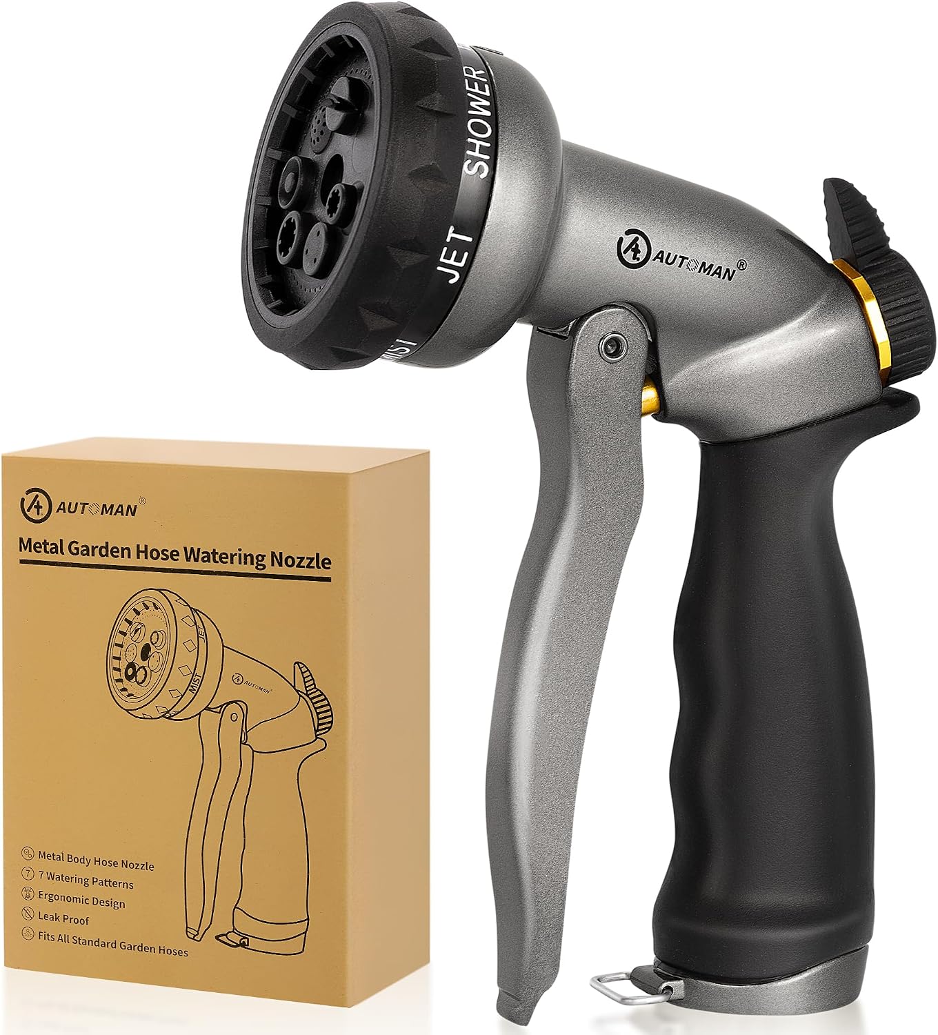 AUTOMAN Garden Hose Nozzle - 2 Pack, 100% Metal High Pressure Spray Nozzle, Labor-Saving Design, Heavy Duty for Garden Watering, Car Washing, Window Cleaning, Pets Bathing