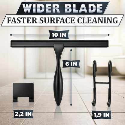 Shower Door Squeegee with Adhesive & Hanging Hooks, 12" Silicone Blade - Stainless Steel All-Purpose Squeegee for Shower Glass, Bathroom Mirror Cleaner Tool Suitable for Tile Walls - Multi-Surface Use