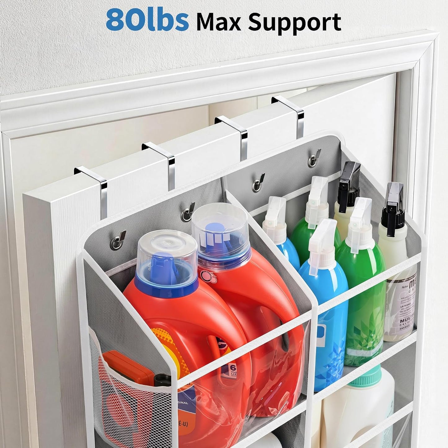 JARLINK 2 Pack Over the Door Organizer Storage, 5 Shelf Hanging Door Organizer with 5 Large Capacity Pockets, Anti Tilt 44 lb Load Behind Door Storage for Bedroom, Bathroom, Pantry, Nursery, (Grey)