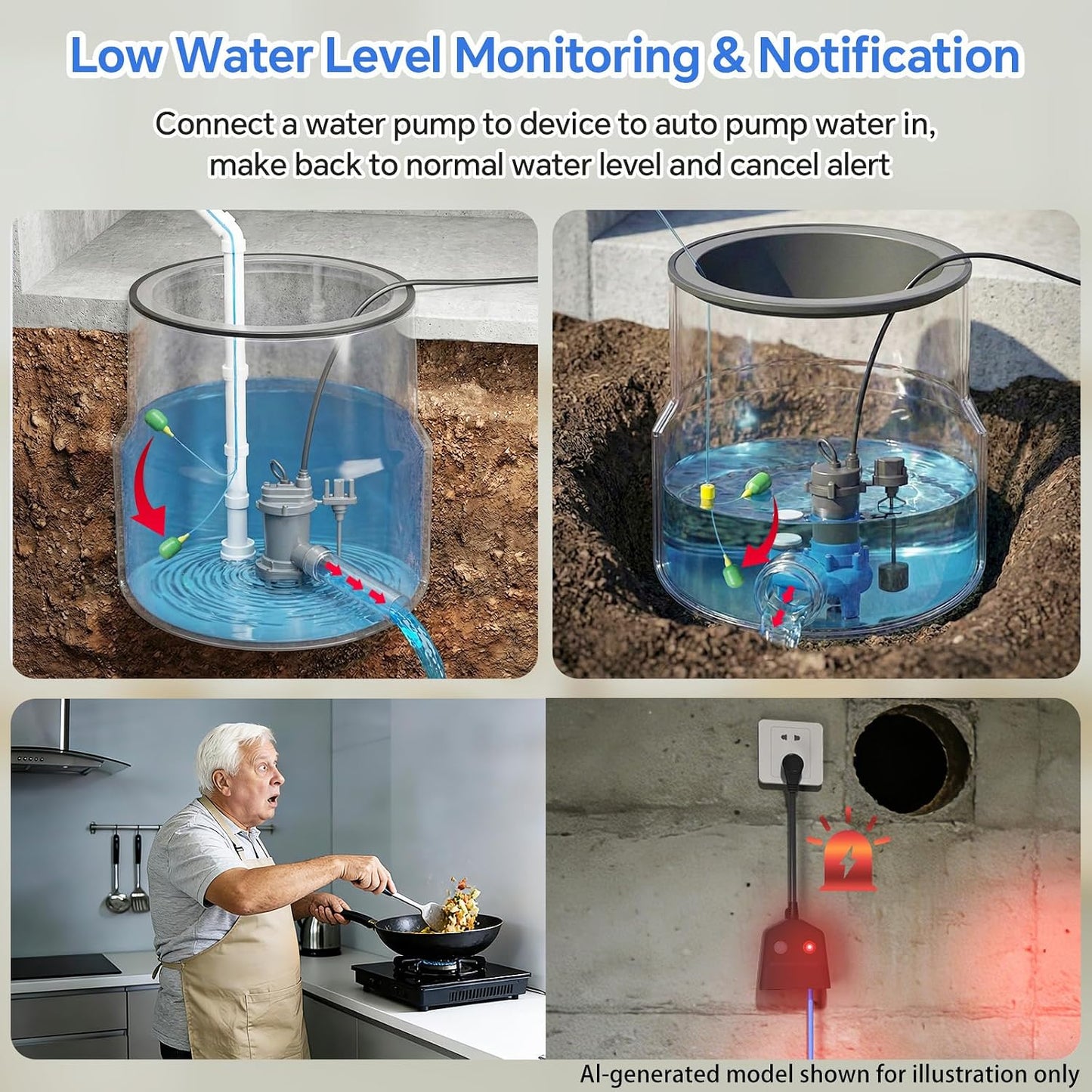 Sump Pump Alarm, High/Low Water Level Alarm with 120dB Alarm, Built-in Backup Battery, IPX4 Waterproof, with 10ft Float Switch for Basement Sump, Water Tank, Septic Tank