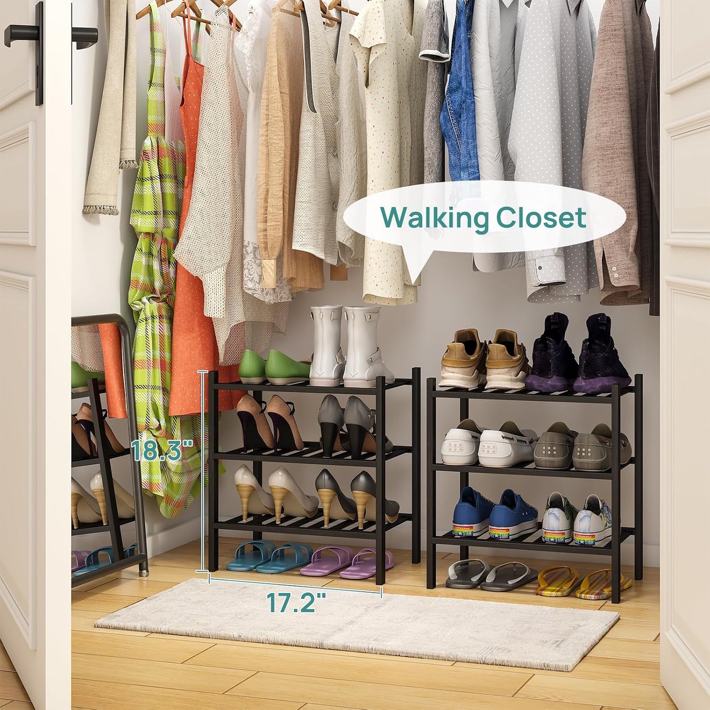 viewcare 3-Tier Black Bamboo Shoe Rack for Entryway, Stackable | Foldable | Natural, Shoe Shelf Storage Organizer for Hallway Closet, Free Standing Shoe Racks for Indoor Outdoor