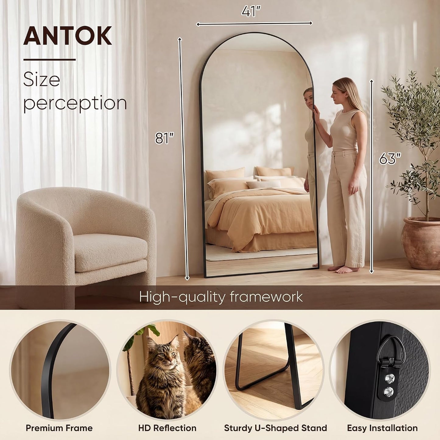 Antok 58" x19” Arched Full Length Floor Mirror, Gold Aluminum Frame, Free Standing/Wall Mount/Leaning for Bedroom, Living Room, Dressing Room