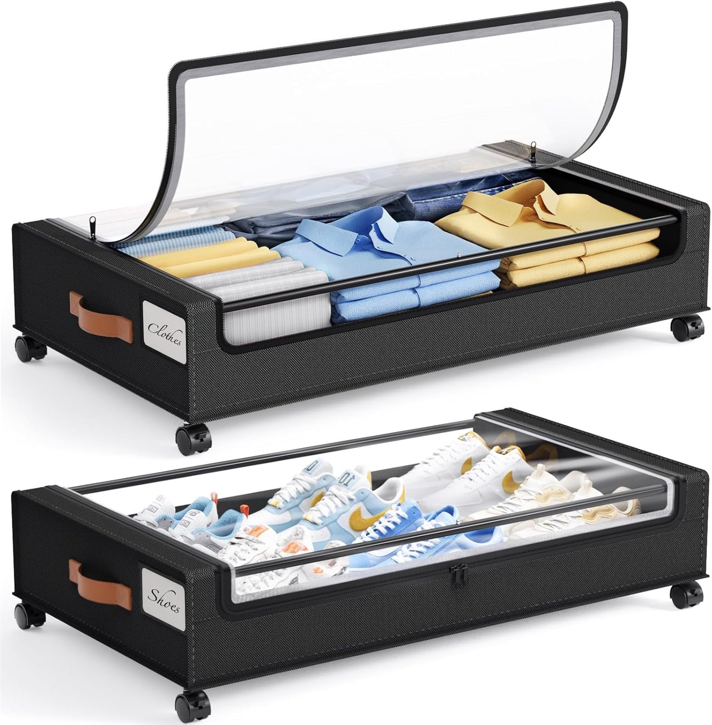 Yecaye Under Bed Storage with Wheels, 2 Pack Under Bed Storage Containers, 60L Underbed Shoe Storage with Clear Window & Label, Rolling Under Bed Metal Drawer for Clothes, Shoes, Books, Blankets