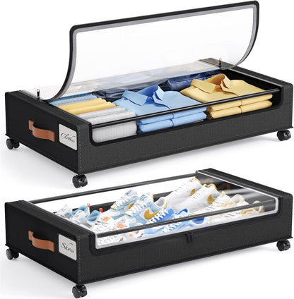 Yecaye Under Bed Storage with Wheels, 2 Pack Under Bed Storage Containers, 60L Underbed Shoe Storage with Clear Window & Label, Rolling Under Bed Metal Drawer for Clothes, Shoes, Books, Blankets