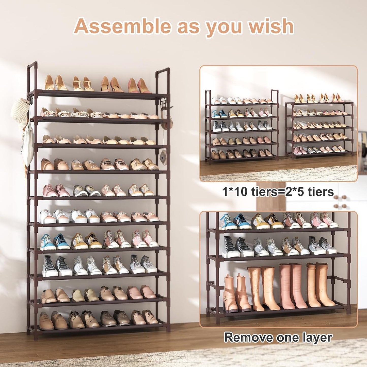 VTRIN 10 Tiers Tall Shoe Rack Holds 20-25 Pairs of Shoes Sturdy Vertical Shoe Organizer with 18pcs Hooks Stackable Narrow Shoe Rack for Closet, Entryway Black
