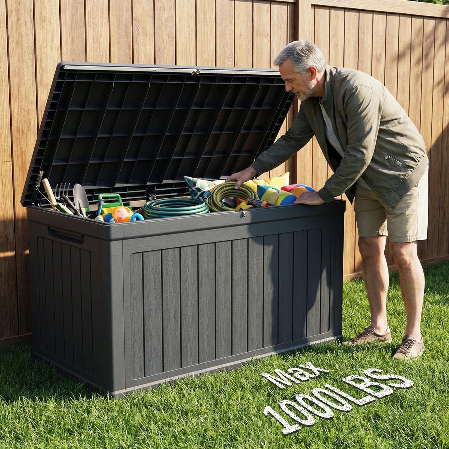 200 Gallon Deck Box, Resin Outdoor Waterproof Storage Box, Lockable Storage Box With Handle for Patio Furniture - Garden Tools - Swimming Pool Tools UV Resistant, Black