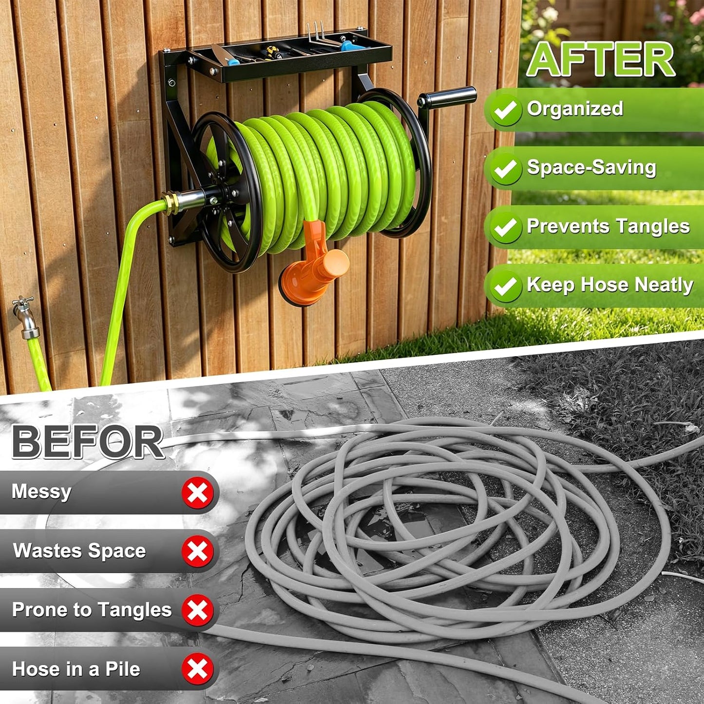 Wall Mounted Garden Hose Reel for Outside, Holds 130-Feet of 5/8-Inch Hose